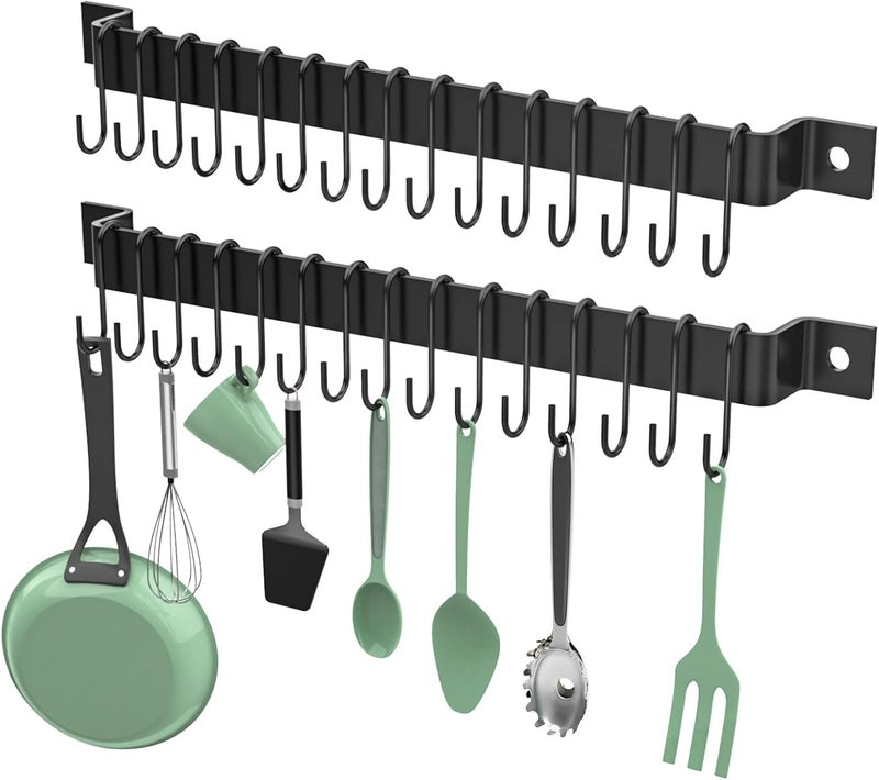Housolution 2 Pack Kitchen Rail with 15 Hooks, 16 Inch Wall Mounted Hanging Utensil Rack Hanger for Kitchen - Image 1